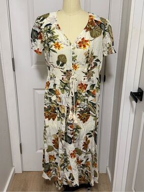 XL Floral Button Up Maxi Dress With Tassel Tie - Excellent Condition